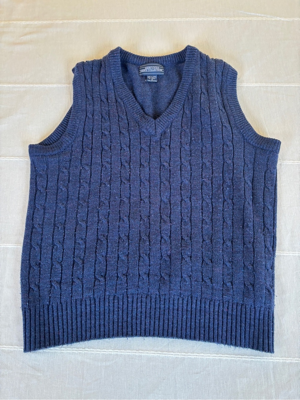 Mervyn’s Men’s Collection Cable Knit Sweater Vest Navy Blue V-Neck Size Medium